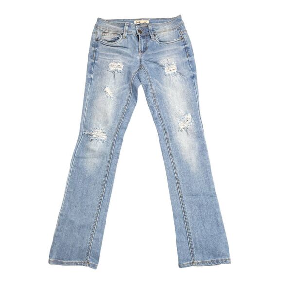 Dollhouse Low-Rise Flare Distressed Medium Wash Jeans Size 1 - Picture 1 of 5